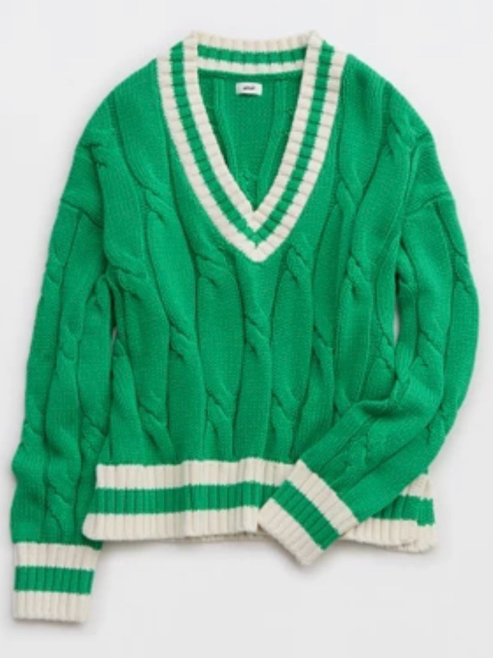 aerie Green and White Cable-Knit V-Neck Sweater